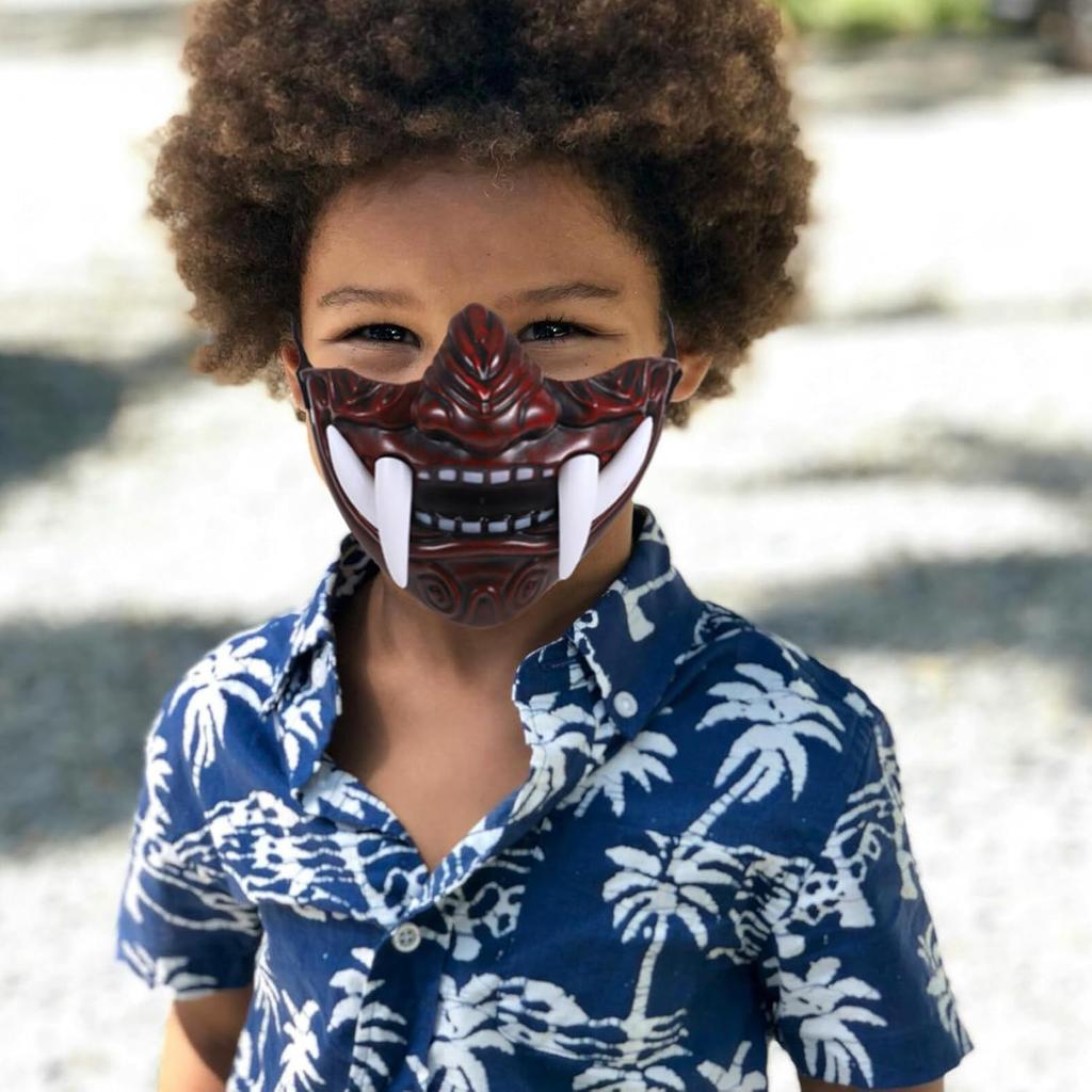 TOYANDONA 4pcs Oni Samurai & Japanese Monster Hannya Half Face Devil Mask - Prajna Cosplay Accessories for Masquerade & Halloween Party