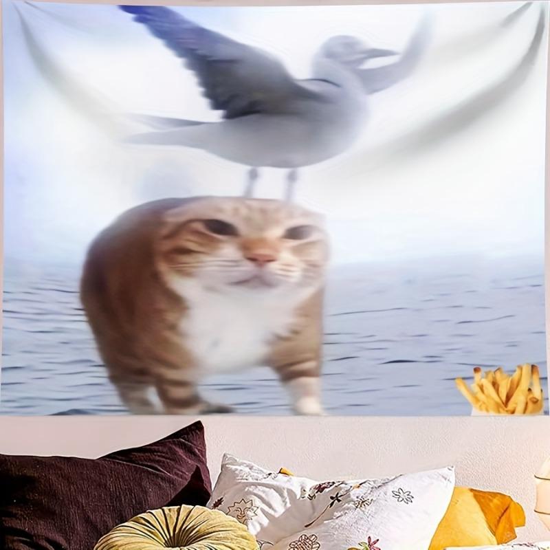 Cat and Seagull Fun Scene Tapestry for Dorm Living Room Home Decor Outdoor Use High Quality MultiSize Flat Print Design