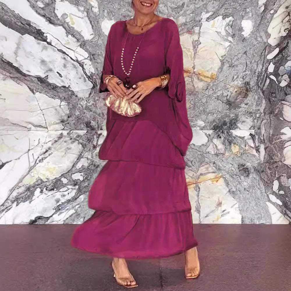 Women's Elegant Solid Color Chiffon Batwing Sleeve Round Neck Tiered Ruffle Maxi Dress Casual Long Gown