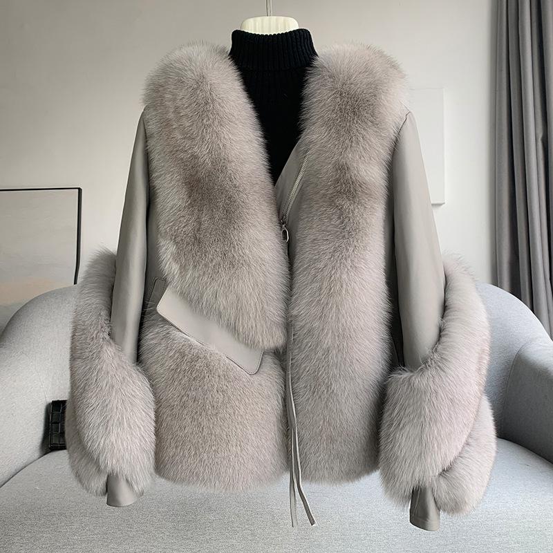 New Haining fox fur coat women's short, sheepskin locomotive suit fur integrated coat winter