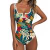 Women Swimsuit V Neck Monstera Leaf Floral Print Bathing Suit Tank Style Swimwear for Beach Pool Vacation