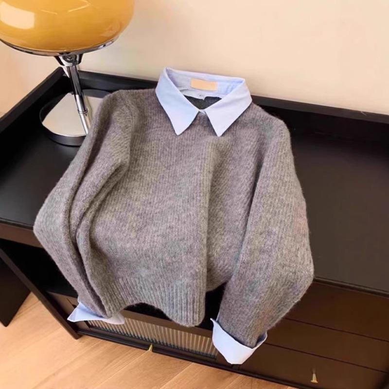 Autumn and Winter New Women's Sweater Shirt Collar Fake Two-piece Knitted Sweater Women's Jacket Long-sleeved Pullover Top