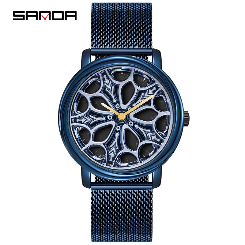 Sanda Men's Creative Rotating Quartz Wristwatch with Mesh Strap