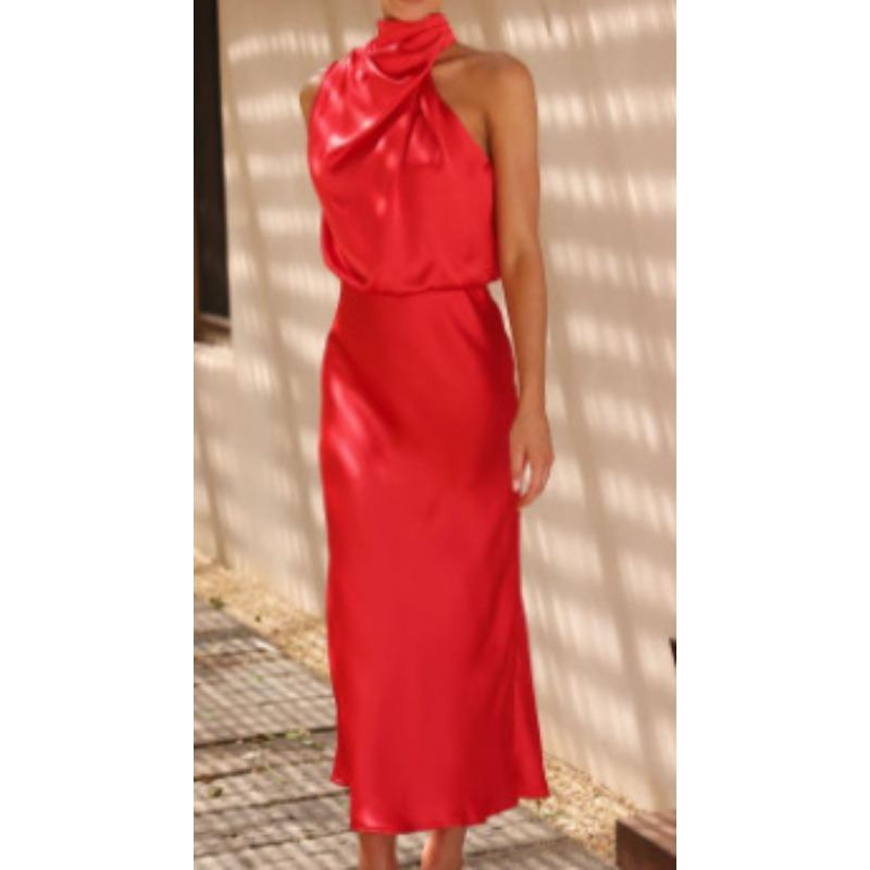 Europe, America, Spring and Summer New Solid Color High-end Satin Sleeveless Dress Fashionable and Elegant Temperament Light Evening Dress