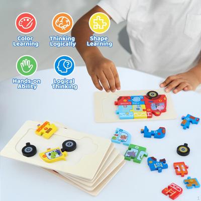 6x Vehicle Wooden Puzzle Fine Motor Skill Early Educational Hand Eye Coordination for Travel Toy