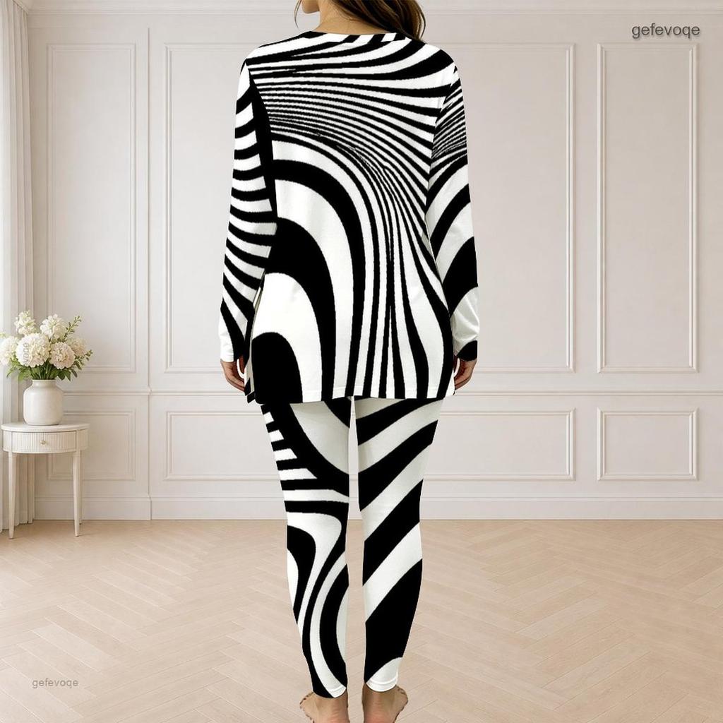 Women Plus Size Black White Striped Printed Half Zip Long Sleeve Longline Top And Fitted Pants Two Piece Set