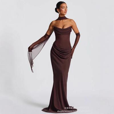 Women Brown Halter Neck Mesh Sleeve Maxi Dress