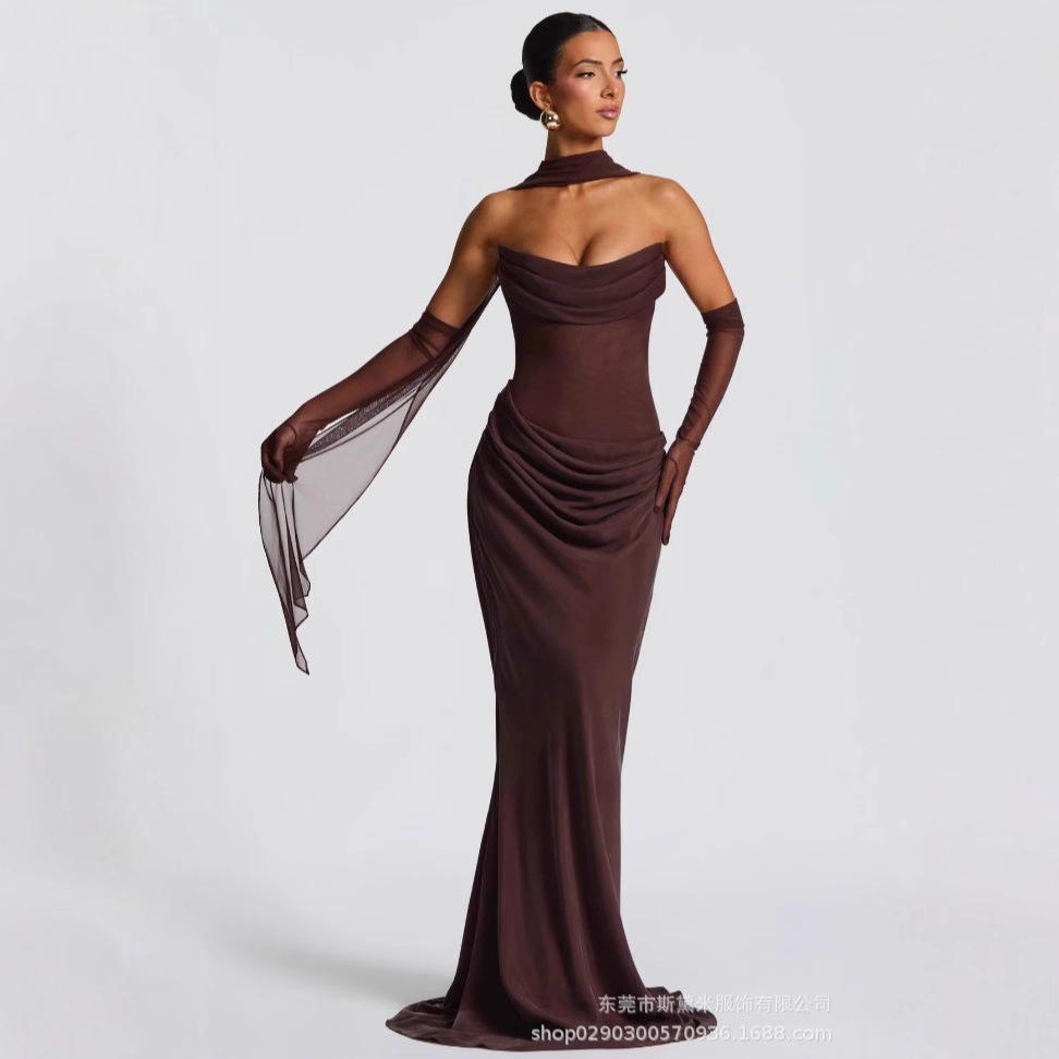 Women Brown Halter Neck Mesh Sleeve Maxi Dress XS малиновый