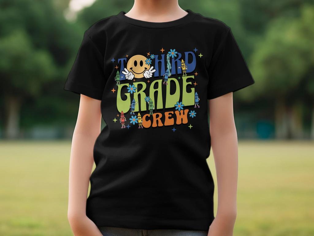 Third Grade Crew Retro Smiley Face T-Shirt, Back to School Crayons Graphic Tee