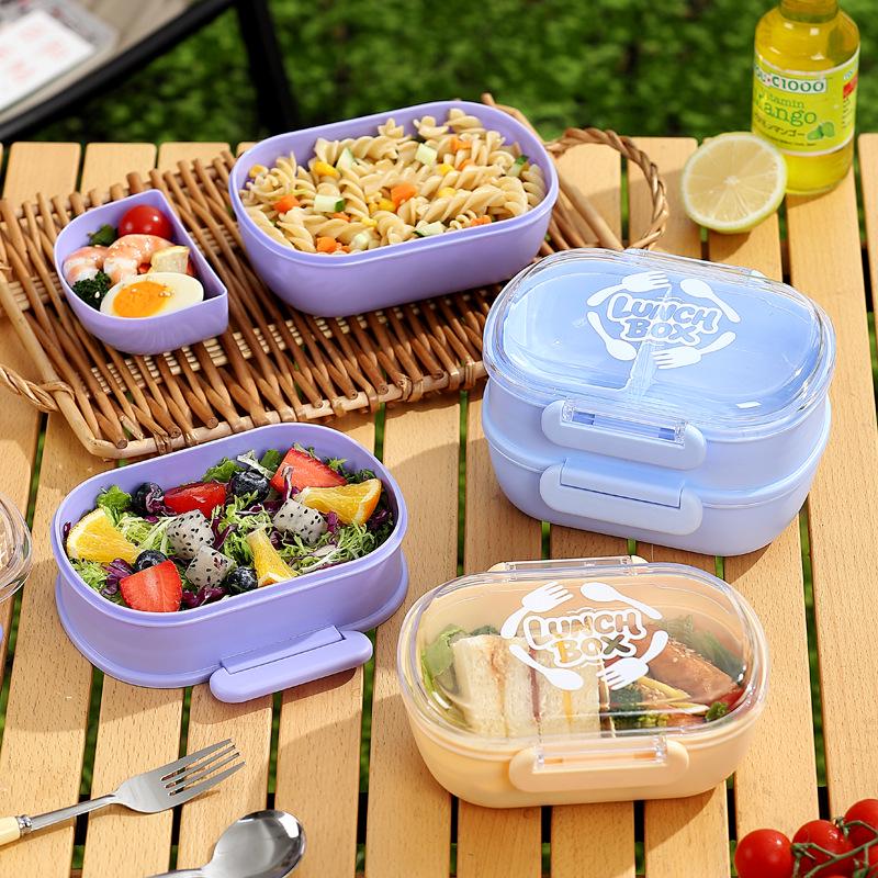 Compact Student Double/Single Layer Plastic Lunch Box with Lid - Portable Bento for Office Workers, Fruit, or Salads.