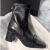 Round-toe Thick-soled Short Boots Made of Soft Leather with Elastic Material, High-heeled Women's Shoes