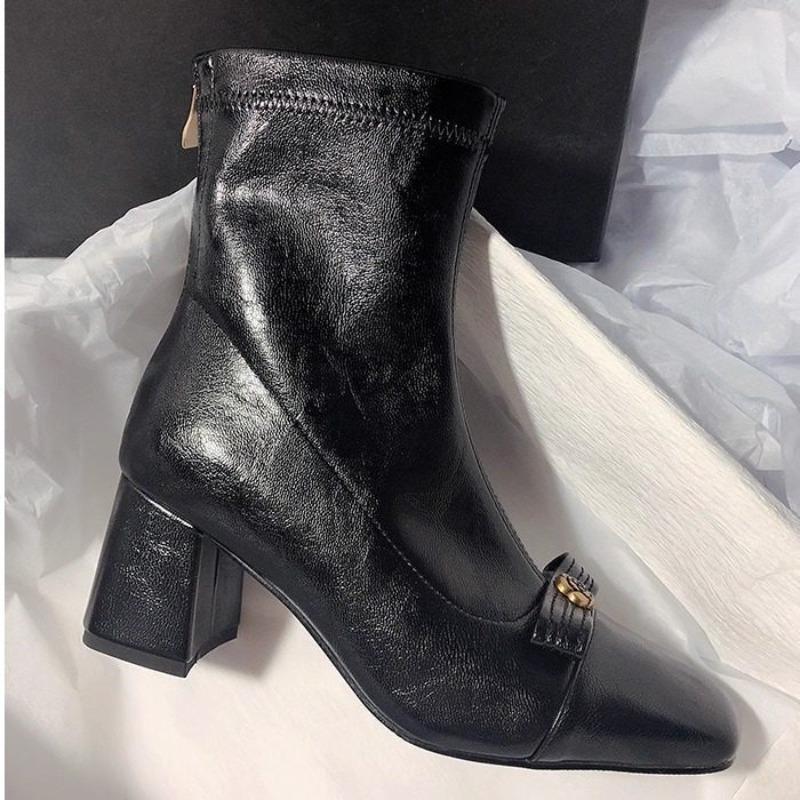 Round-toe Thick-soled Short Boots Made of Soft Leather with Elastic Material, High-heeled Women's Shoes