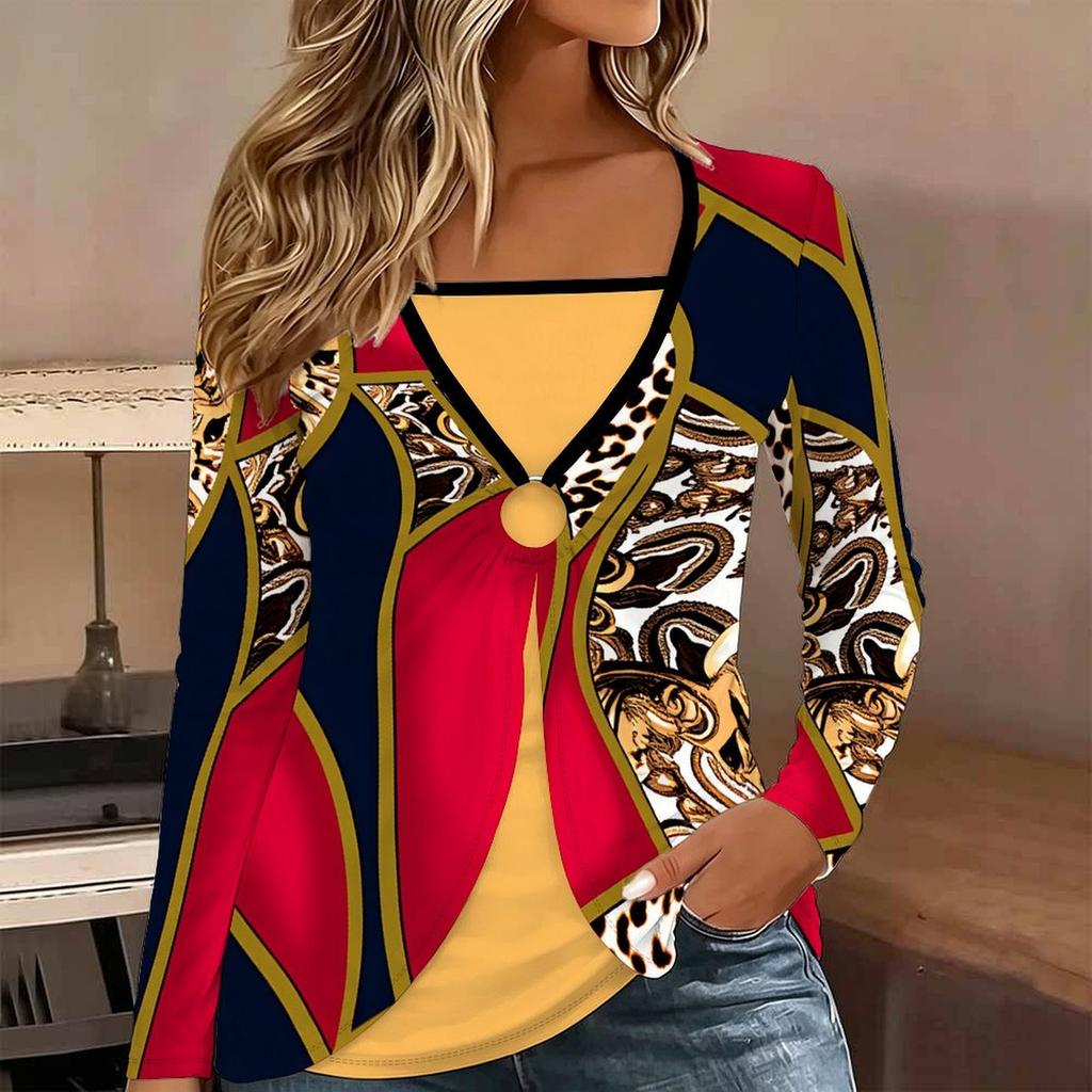 Tops for Women Geometric Pattern Print Long Sleeve Fake Two‑Piece Top Fall Casual Slim Pullover Women's Long Sleeve Top