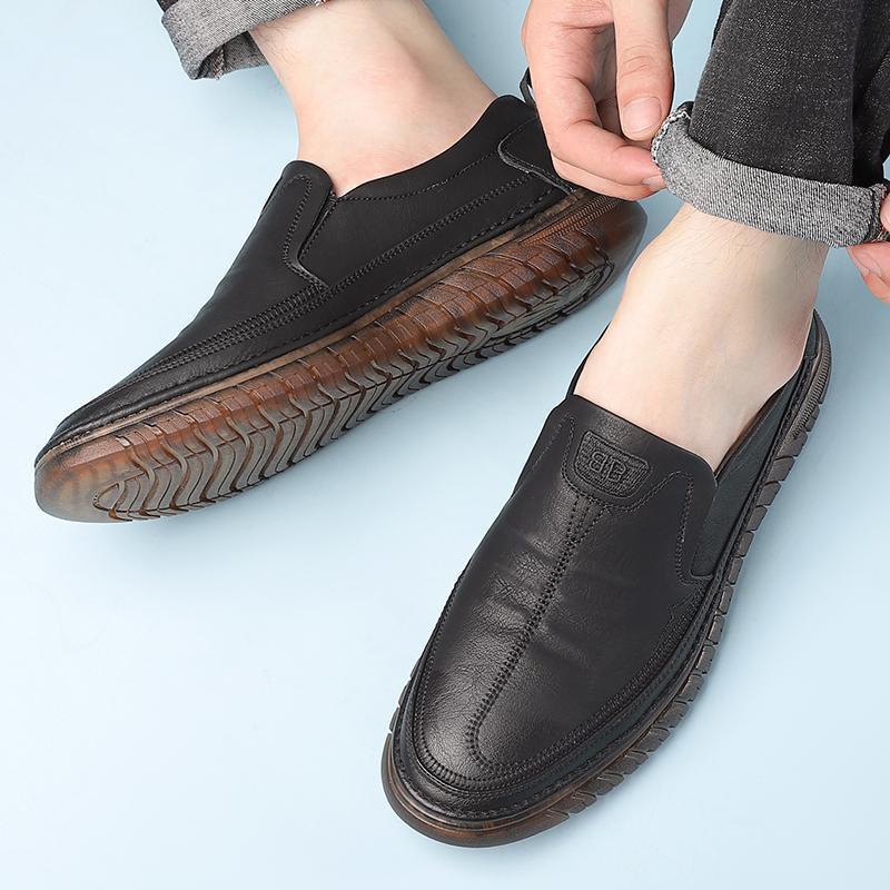 Herren Lederschuhe Flach Atmungsaktiv Weiches Rindsleder Freizeitschuhe für Herren Runde Zehenpartie Weiche Sohlen Rutschfest Schmutzabweisend Herren Slipper