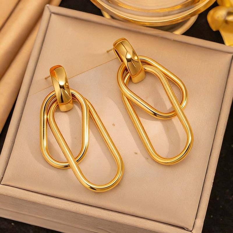 Stainless Steel Metal Double Oval Drop Earrings for Women Fashion Gold Silver Color U Shaped Geometric Earrings Jewelry Gifts