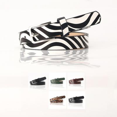 Cinto fino feminino com estampa de leopardo e zebra, cós de couro, comprimento ajustável, design com vários furos, cinto jeans