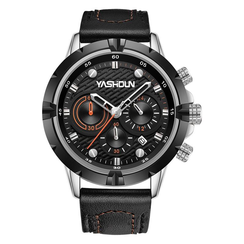 Men's Multi-functional Quartz Sports Watch with Genuine Leather Band