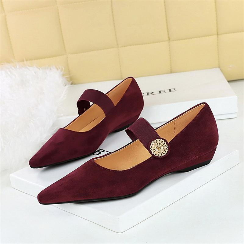 Korean Version Comfortable Low Heel Wedge Versatile Suede Shallow Mouth Metal Decorative Elastic Strap One Strap Single Shoes