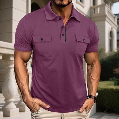 Herren-T-Shirt mit Revers und Brusttaschen, kurzärmelig, Button-up-Kragen, einfarbig, lässiges Pullover-T-Shirt für Fitnessstudio, Streetwear