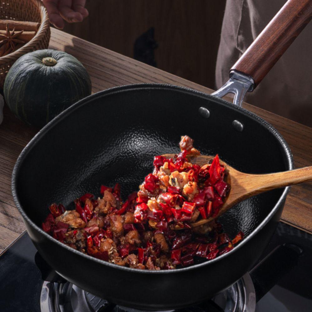 Refined Iron Stir Fry Pot Wood Handle Nonstick Pan Cookware Square Frying Pan  Chef