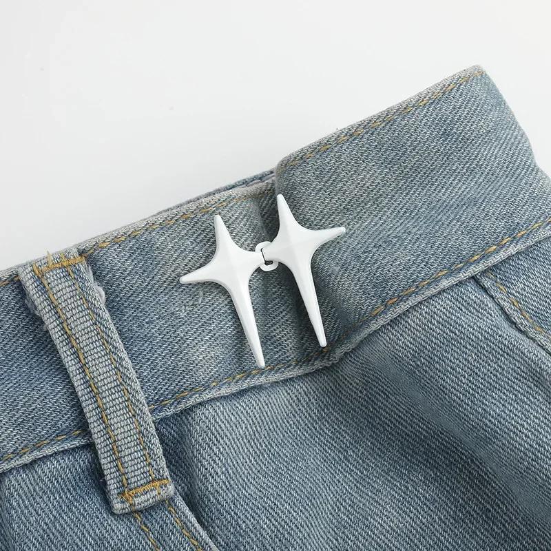 1Pair Cross Star Waist Buckle Snaps Jeans Decor Adjustable Detachable Pants Clips Waist Tightener Nail Free Metal Button