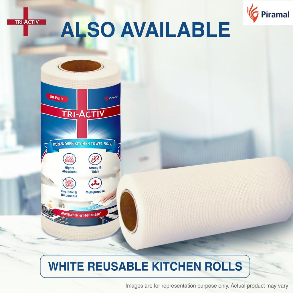 Tri-Activ Washable Reusable Kitchen Towel Roll Pack Of 2 With 80 Sheets Highly Absorbent Durable Non Woven Fabric Eco Friendly Alternative Blue
