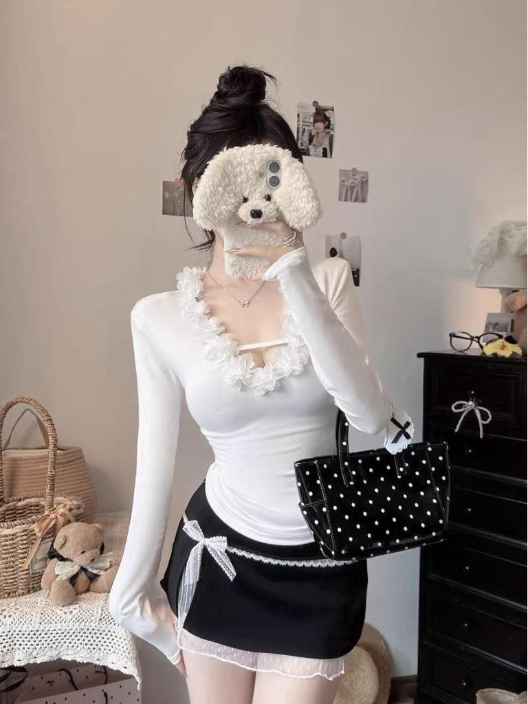 Threaded Plush White Puff Sleeve Lace V-Neck Long-Sleeve Slim-Fit Women's T-Shirt for Autumn/Winter