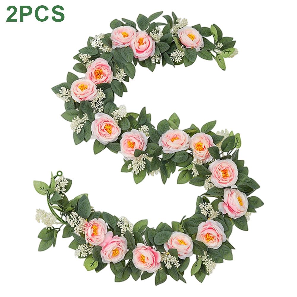 Set of 2 Artificial Eucalyptus Garlands with Faux Roses for Home and Event Decoration 6 6ft Long Plastic Material Wreaths