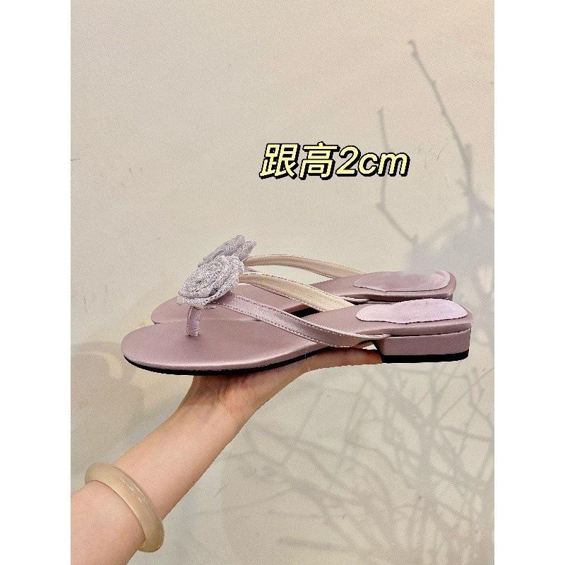 Dream Rose Purple! Temperament Satin Round Head Flower Flip-flops Women's Summer Outer Wear Toe Flat Slippers