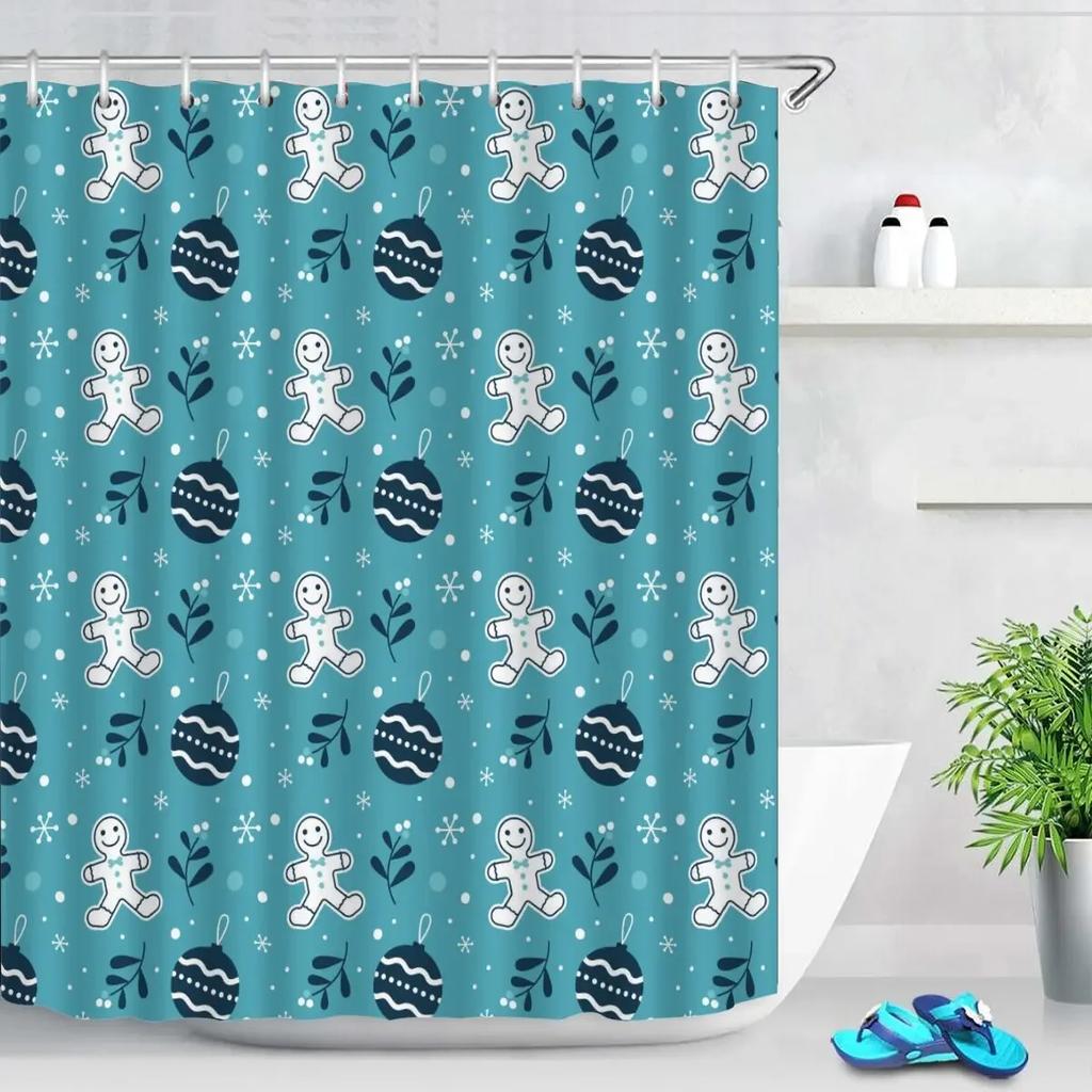 Christmas Cookies Bathroom Curtain Christmas Gift Shower Curtain Bathroom Waterproof Fabric New Year Holiday Decoration Hooks