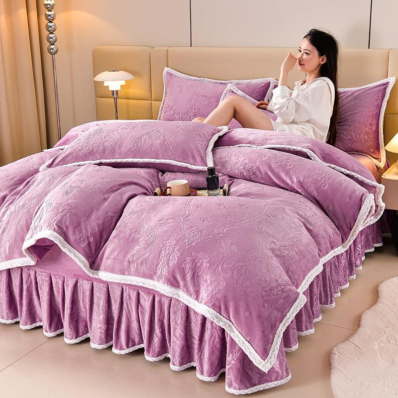 Class A Maternal And Infant Grade High-Gram Carved Fleece Milk Fleece Bed Skirt4-Pcs Set, Winter Double-Sided Fleece Quilt Cover