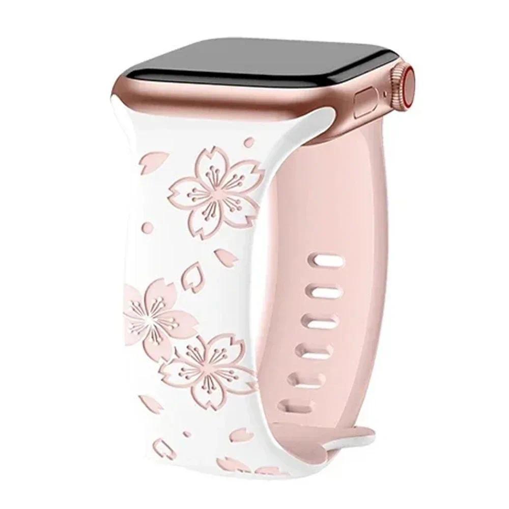 Silicone Band Engraved Floral Strap for Apple Watch 38mm 40mm 41mm 42mm 45mm 46mm 49mm iWatch Series 11 10 9 8 7 6 5 4 3 2 1 Se