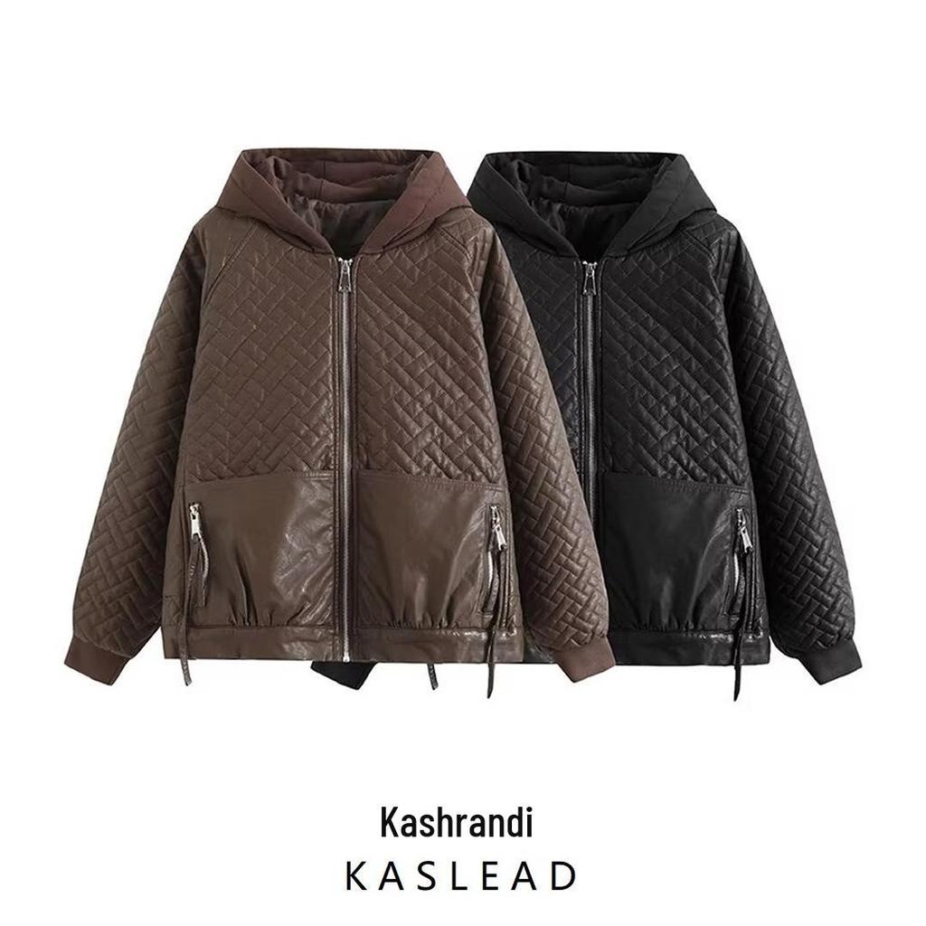 2024 Autumn Women's European & American Style Hooded Faux Leather Long Sleeve Loose Jacket