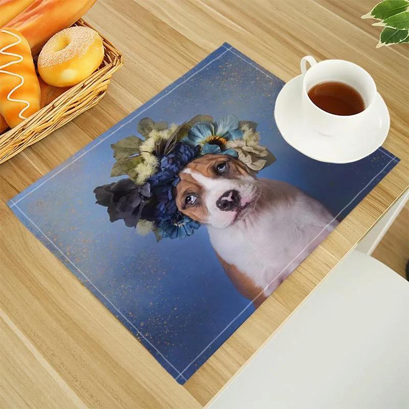 

Dogs and Flowers Print Linen Dining Table Mats Alphabet Kitchen Placemat 30X45cm Coasters Pads Bowl Cup Mat 2pcs 30x45cm