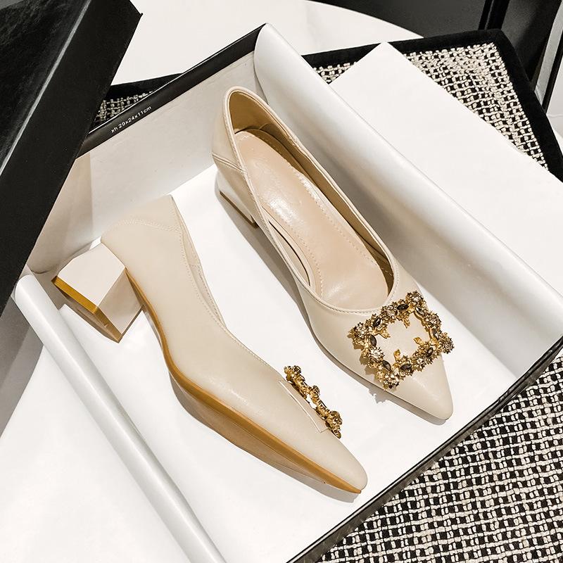 Pointed Single Shoes Women's Summer Models, Shallow Mouth Thick Heels, Fairy Gentle Temperament, Celebrity Soft Leather Large Size