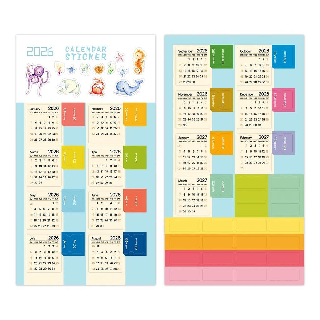 MINKYS 2026 12 Month Candy Color 2pcs/Pack Calendar Sticker Set Decorative Calendar Mark Lable Stationery Supplies