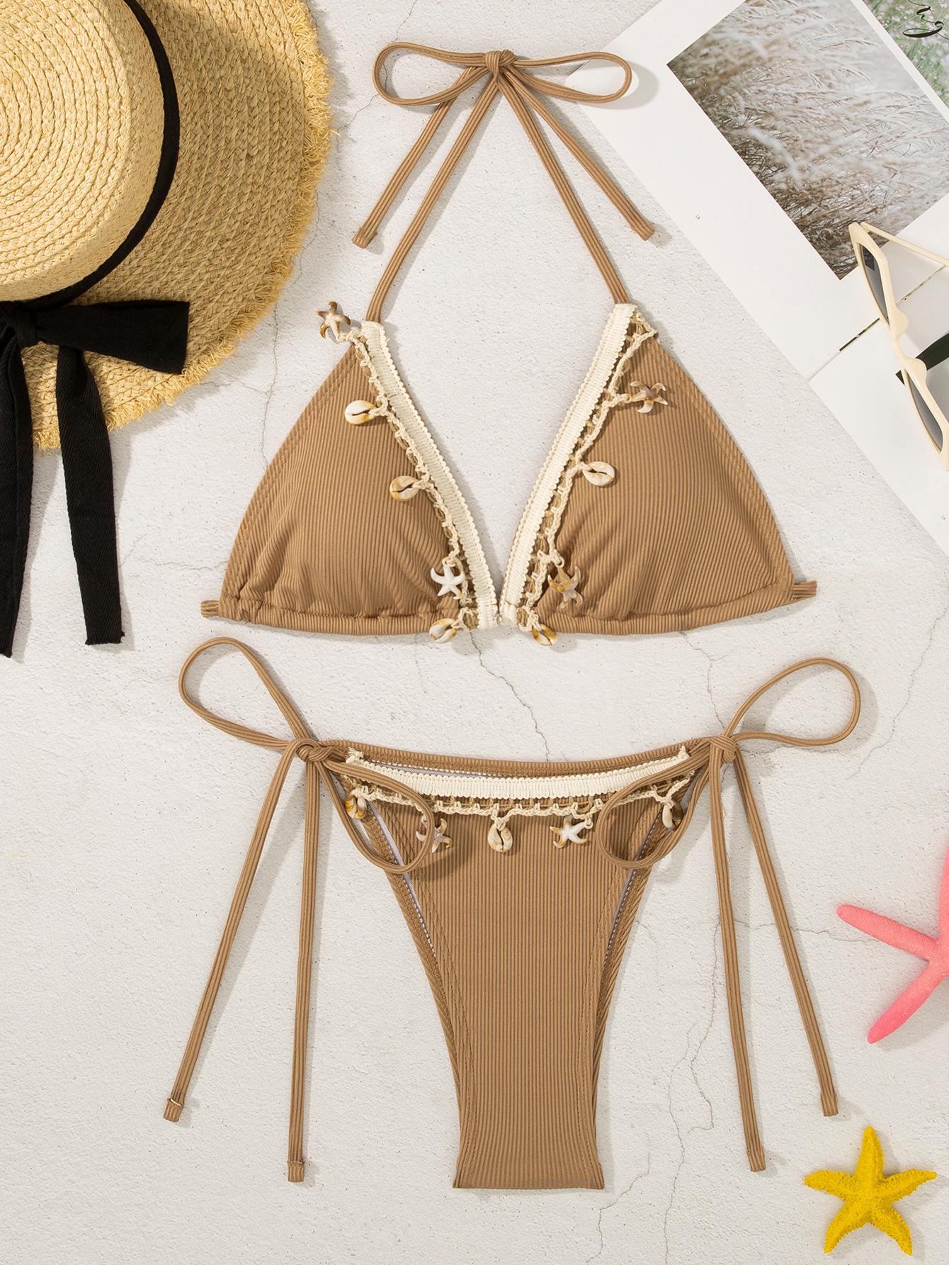 

2025 Женский сексуальный купальник бикини халтер треугольник со шнуровкой Extra Large кофейный