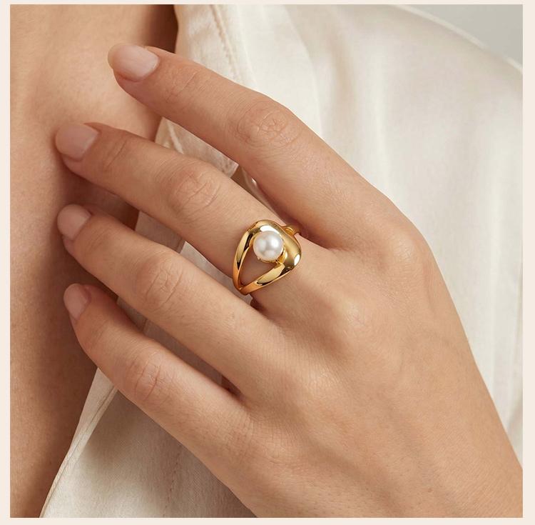Luxury 18K Gold Plated Open Wrap Ring, Abstract Swirl Pearl Adjustable Minimalist Stainless Steel Jewelry Gift for Women