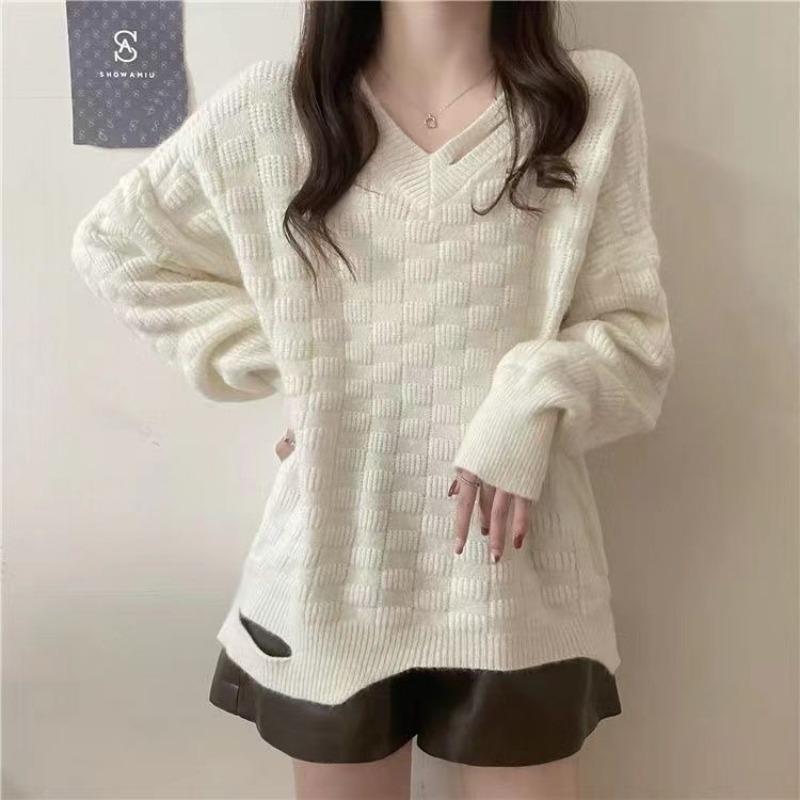 Autumn Winter V-neck Loose Casual Hole Sweater Women Solid Color Simple All-match Irregular Knitting Pullover Top