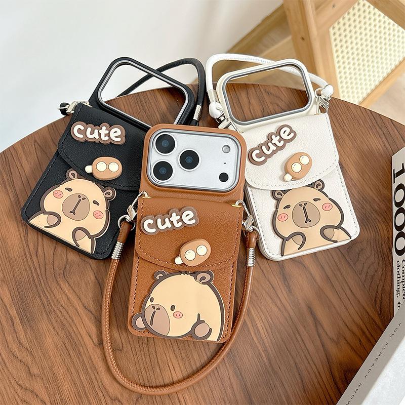 Cartoon Capybara Wallet Card Case Portable Rope Mobile Phone Case For Apple 16 Lanyard Iphone17Promax Soft Case