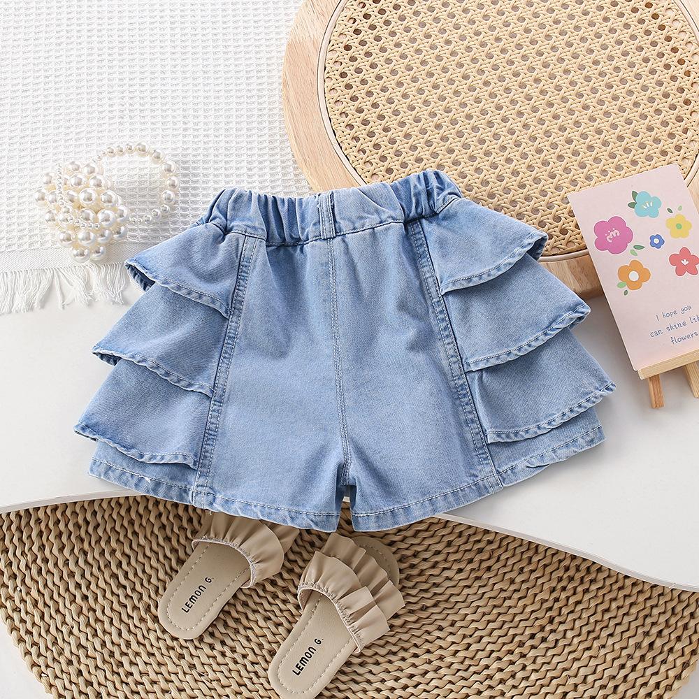 Girls' Summer Denim Shorts with Korean Thin Design and Lace Skirt