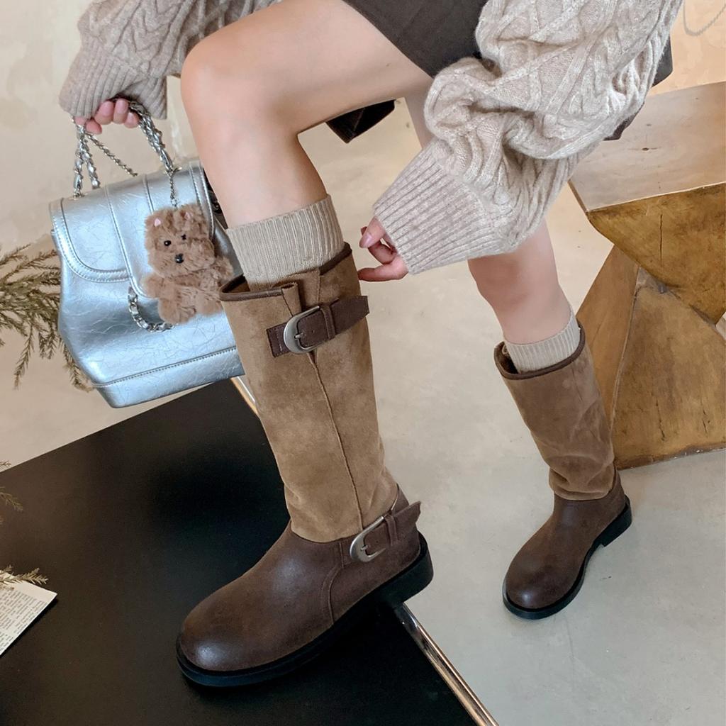 Wasteland wind wrinkled pile high boots 2025 new models but knee retro old long boots round head Martin boots women