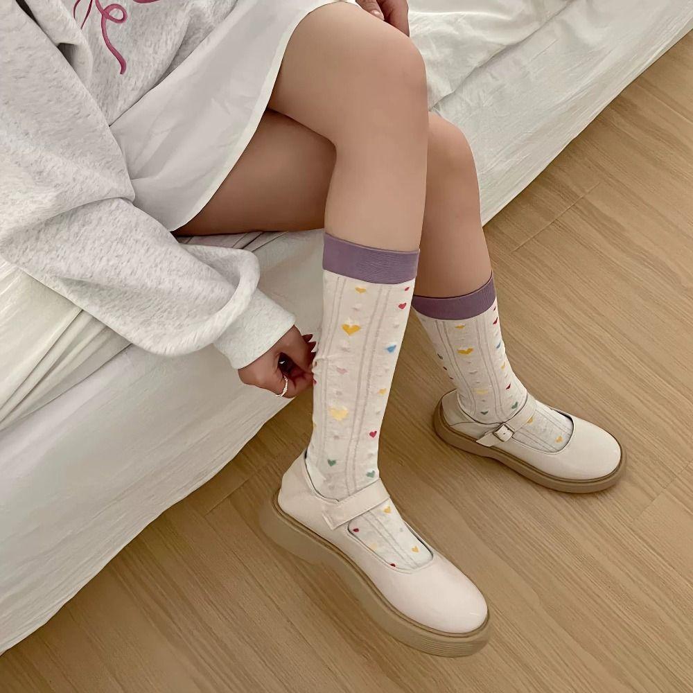 

Stripe Heart Mid Tube Socks Bowknot Love Dot Calf Socks Fashion Girls синий