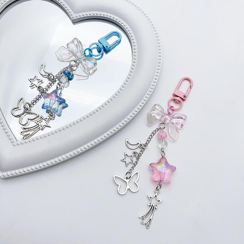 2 Stück Sommer kühl blau und rosa Quaste, Schmetterling, Stern und Mond, Laser-Schleife, Guben-Anhänger, Handy-Kette