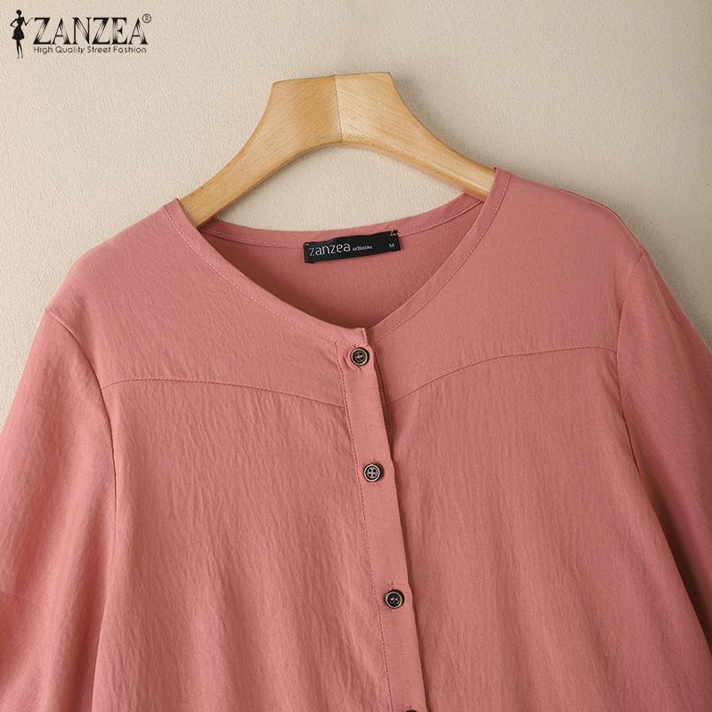 ZANZEA Women Casual Round Neck Short Sleeve Patchwork Pockets Blouse