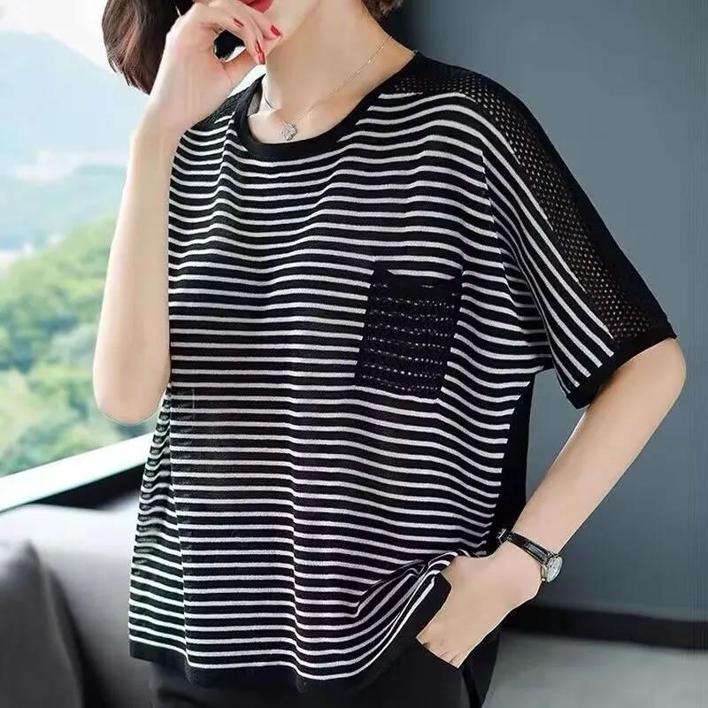 

Женская футболка Летняя Большого размера Хлопковая футболка Мягкая Свободная С принтом Повседневная Удобная Пуловер Полосатая футболка Топ XXXL чёрный