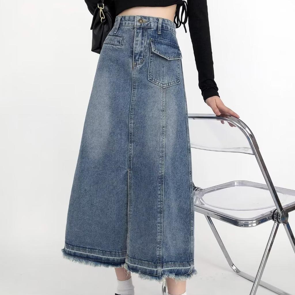 Midi Denim Skirt for Women High Waist Split Korean Style Blue Skirts Spring Summer