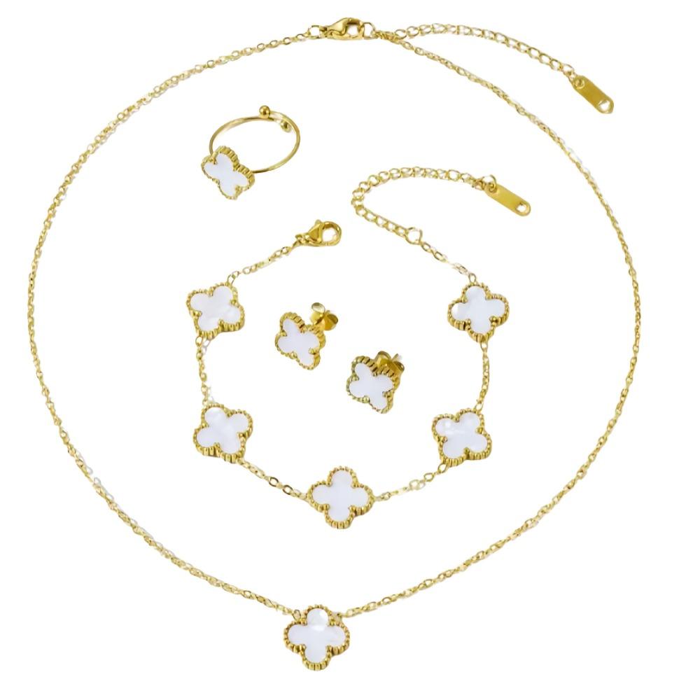 13mm Trendy Four-Leaf Clover Set Titanium Steel Necklace Earrings Bracelet and Ring Set
