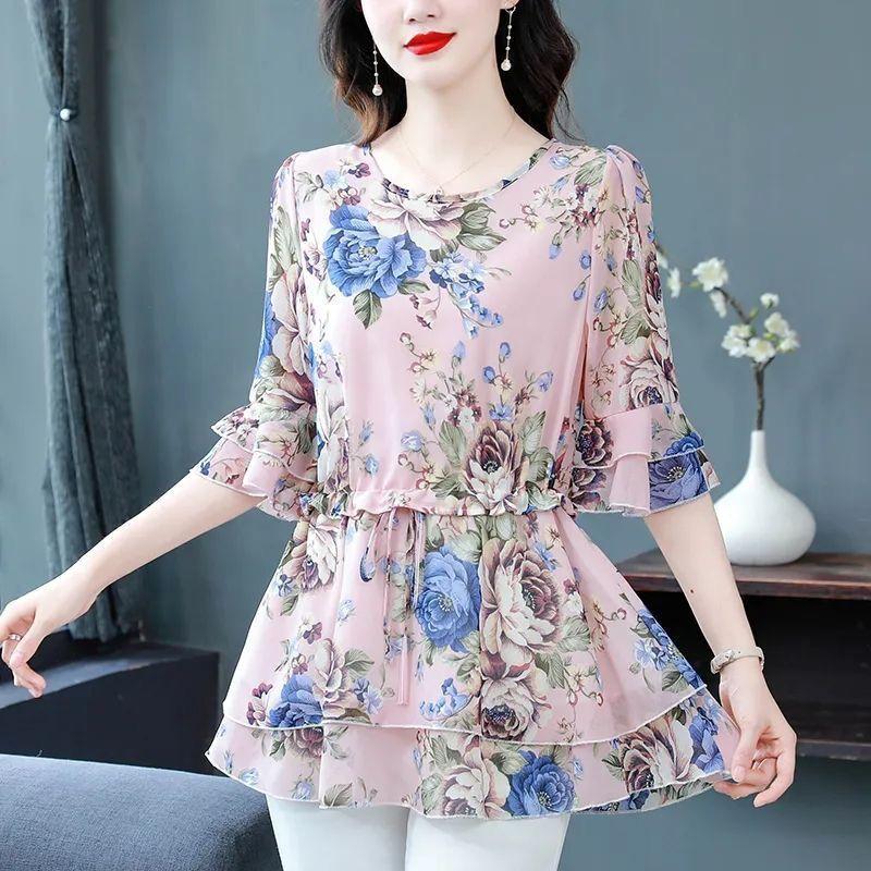 Women's Summer Fashion Floral Print Chiffon Shirts Female Loose Short-sleeved Tops Ladies O-neck Casual Blouses