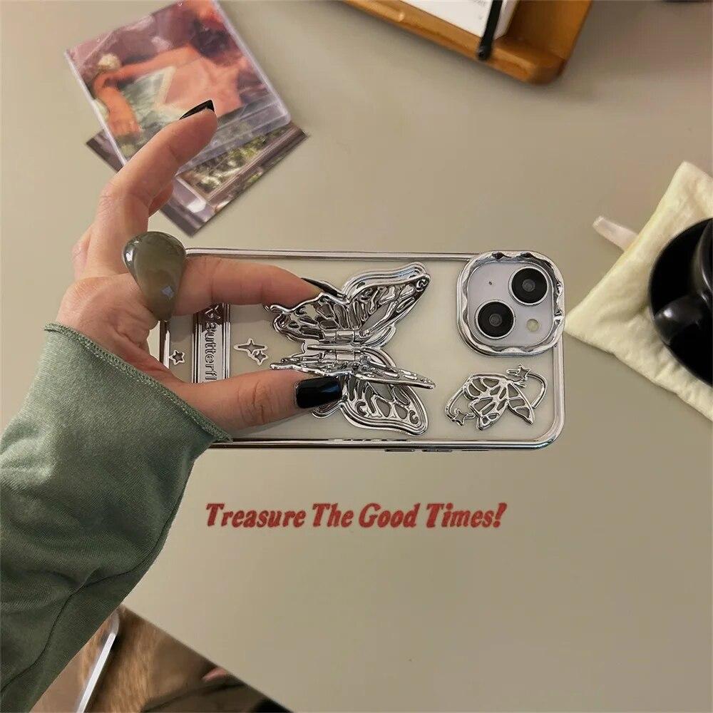 Galwanizowany Uchwyt 3D Motyl Etui na Telefon Dla iPhone 14 15 Pro Max Etui iPhone 12 13 Pro Max Wstrząsoodporny Przezroczysty Pokrowiec